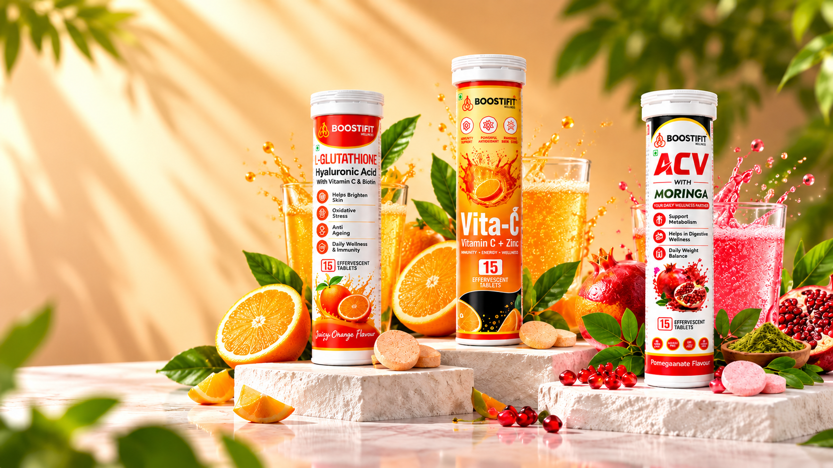 Boostifit effervescent wellness collection: ACV with Moringa, VITA-C, and L-Glutathione signature blends