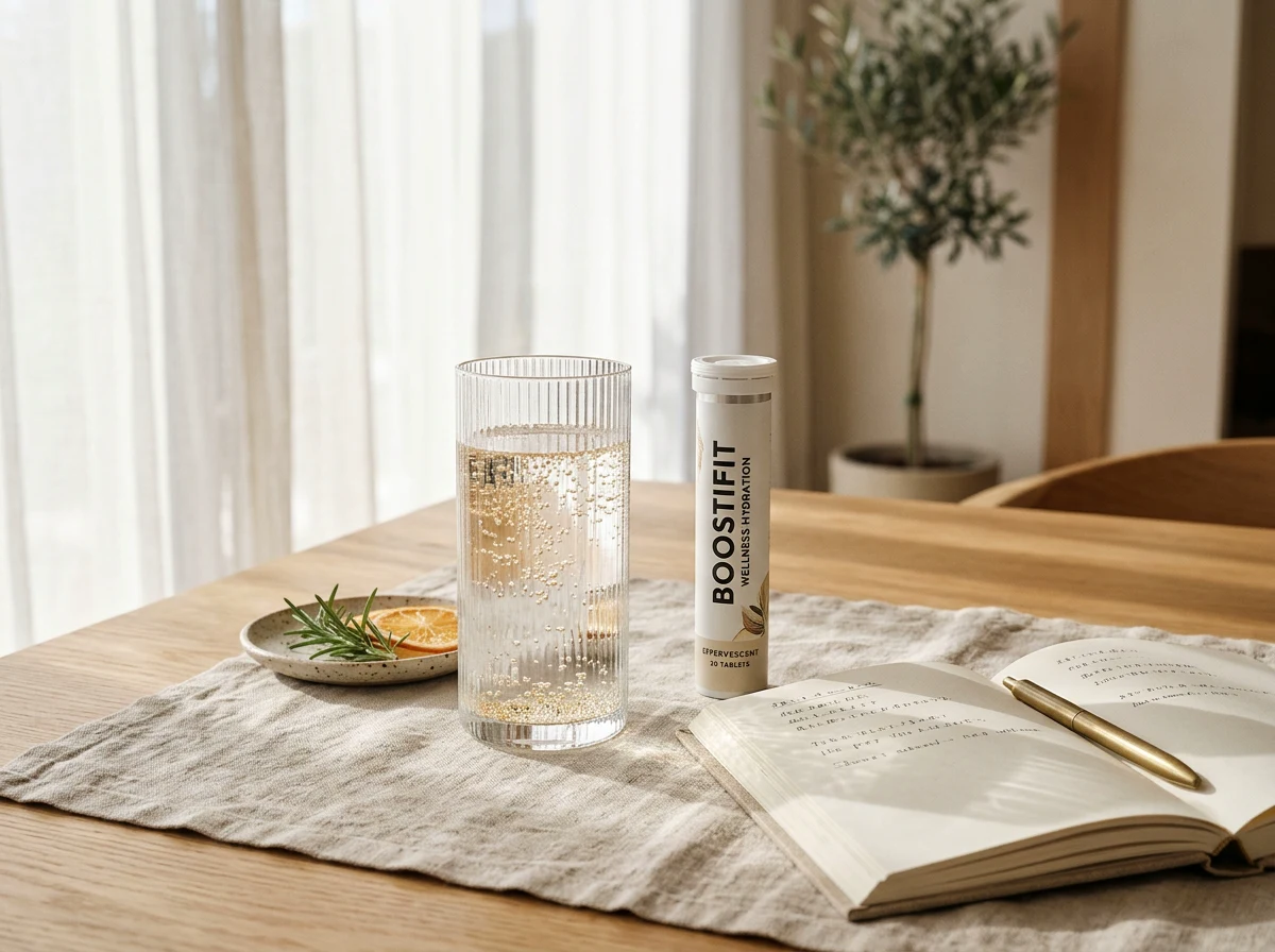 Morning water break with an effervescent tablet dissolving at a sunlit wooden desk