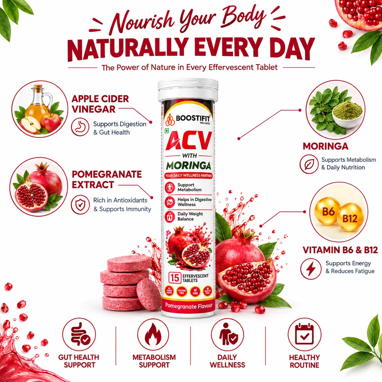 Boostifit ACV with Moringa product information and blend panel