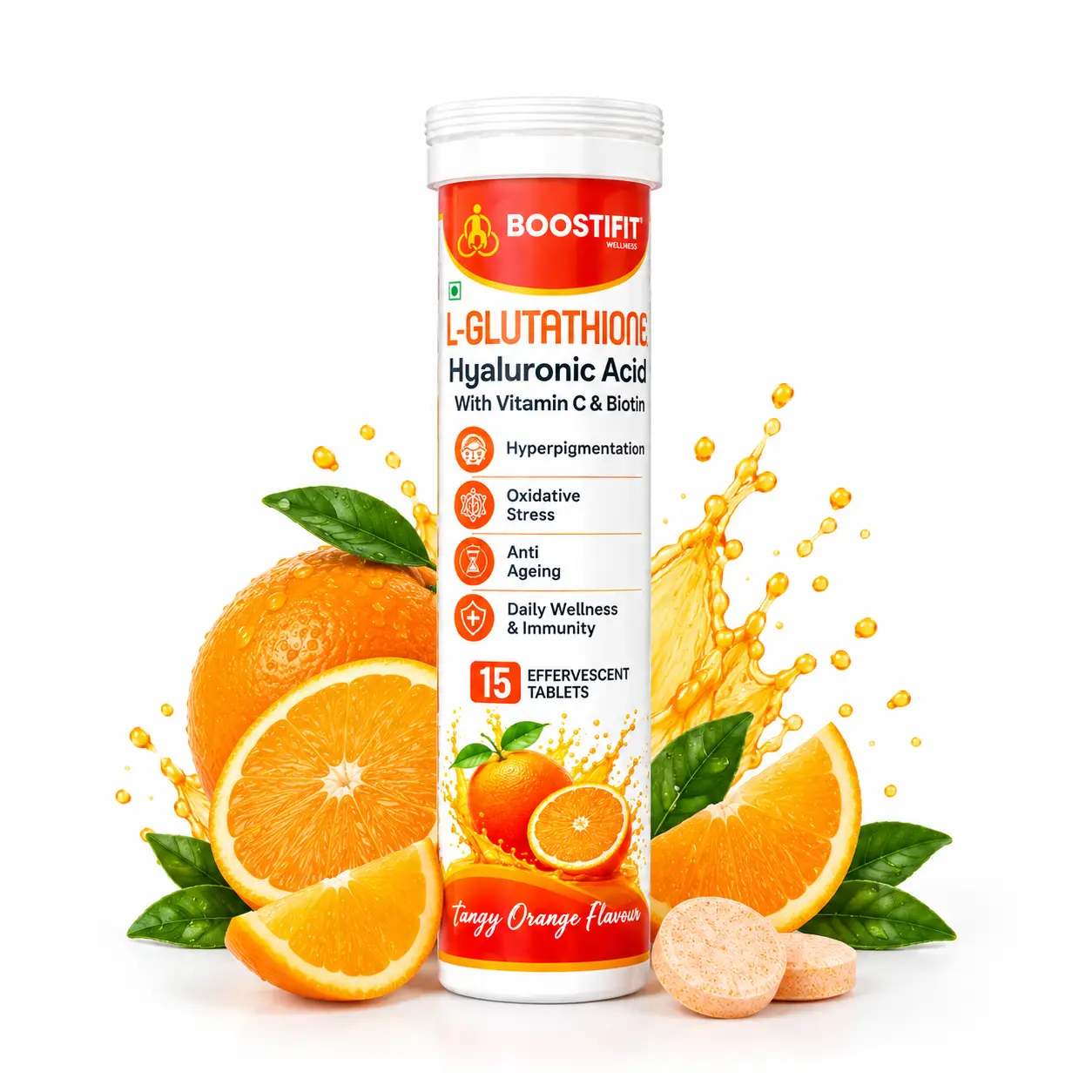 Boostifit Wellness L-Glutathione Hyaluronic Acid with Vitamin C and Biotin, Tangy Orange Flavour product tube
