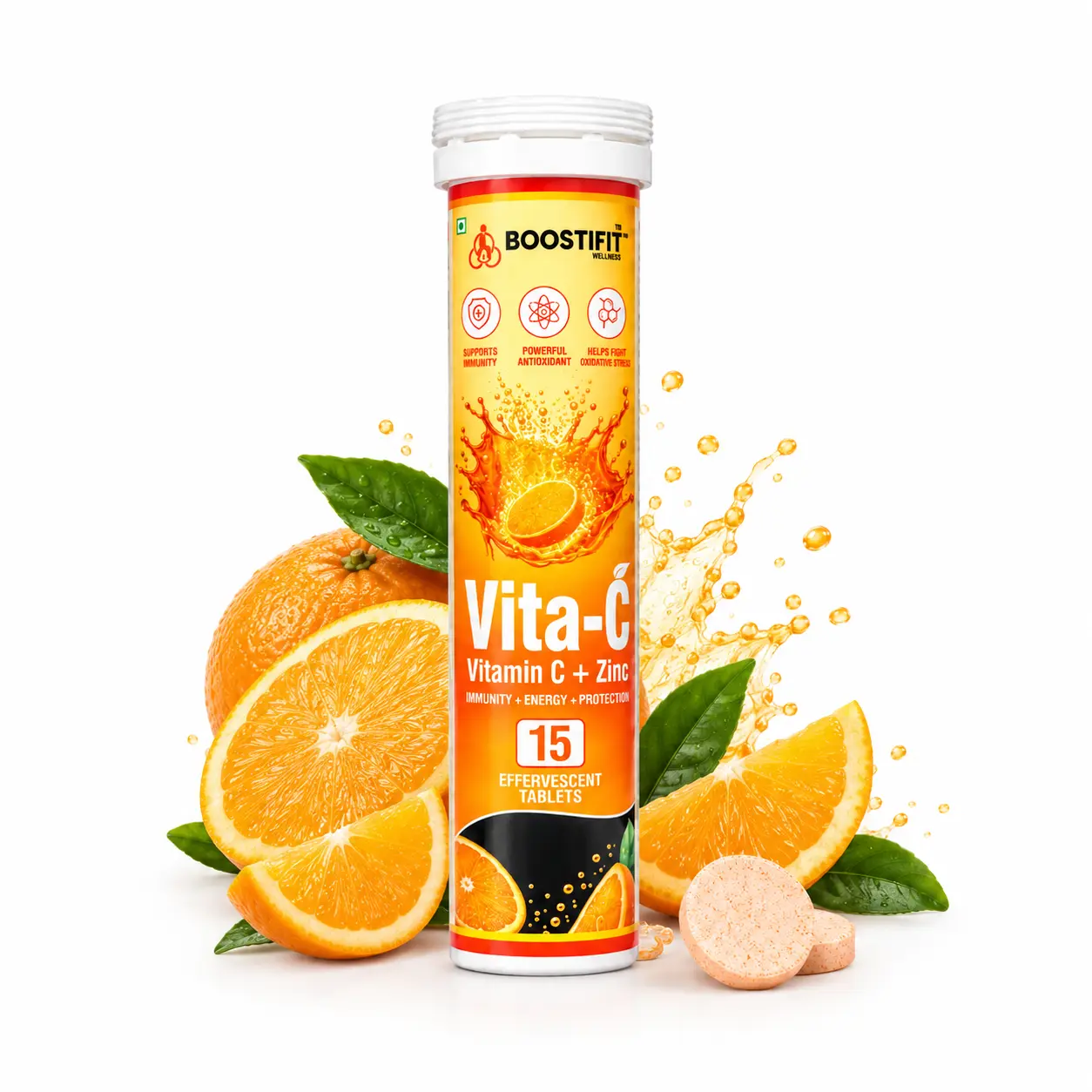 Boostifit Wellness VITA-C Vitamin C + Zinc, Zesty Orange Flavour product tube