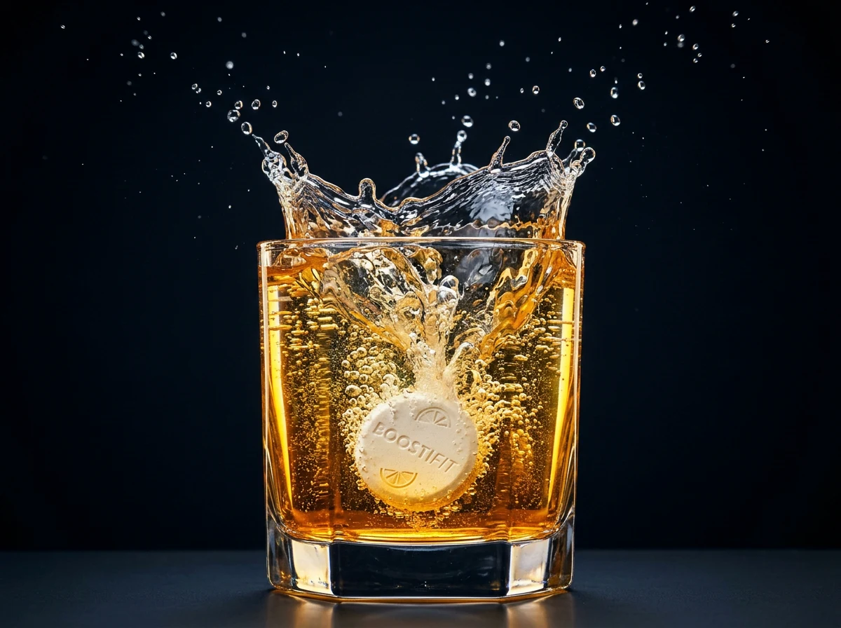 Effervescent tablet dissolves into luminous water with vibrant micro-bubbles